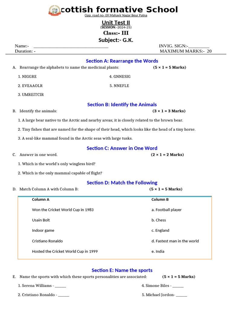 Class III G.K. Unit Test II 2024-25 | PDF | Organisms | Zoology
