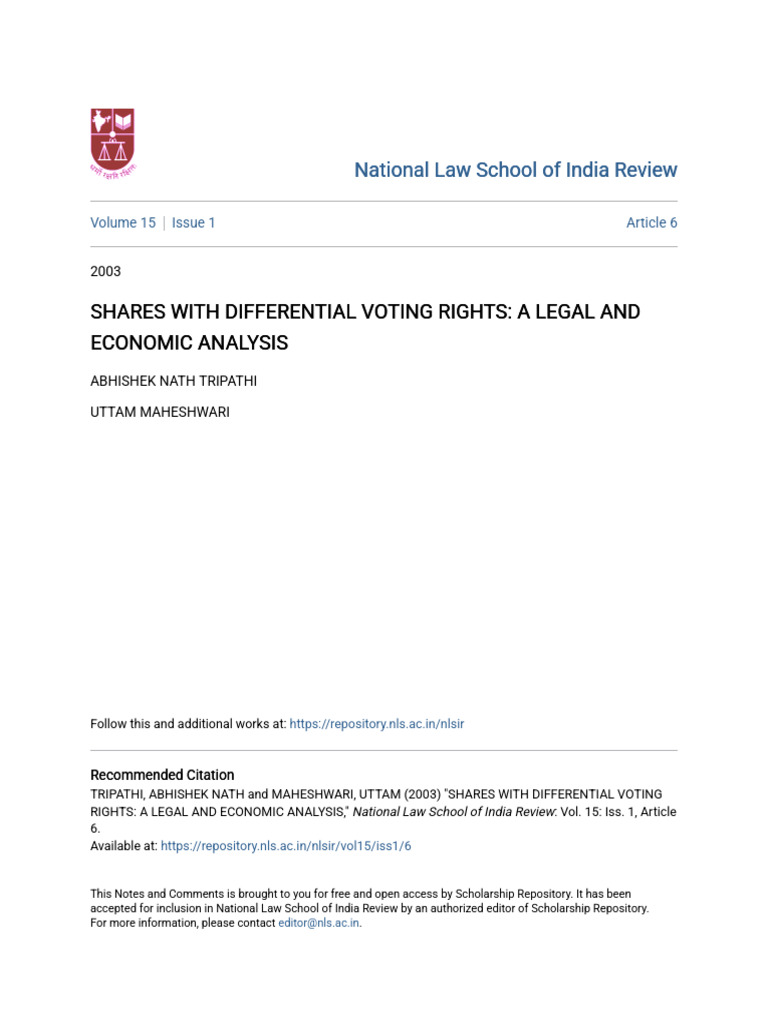Shares With Differential Voting Rights - A Legal and Economic Anal ...