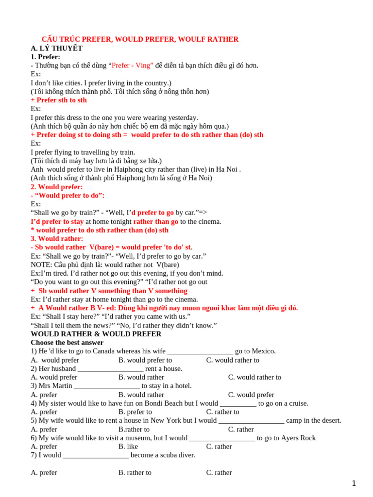 Exercises on Prefer and Would Rather | PDF
