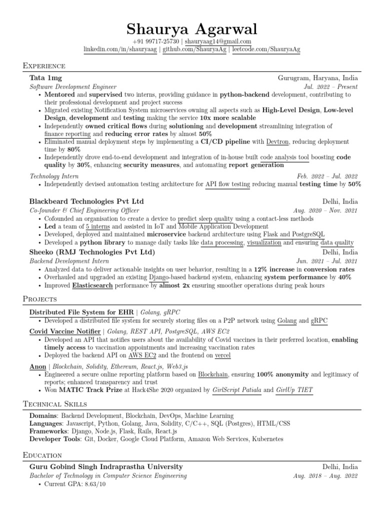 Software Engineer Resume of Shaurya Agarwal | PDF | Postgre Sql ...