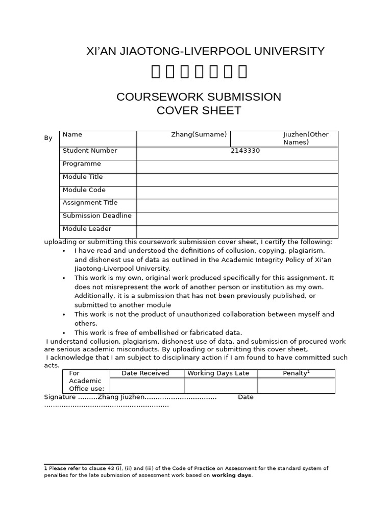 Coursework Submission Cover Sheet | PDF