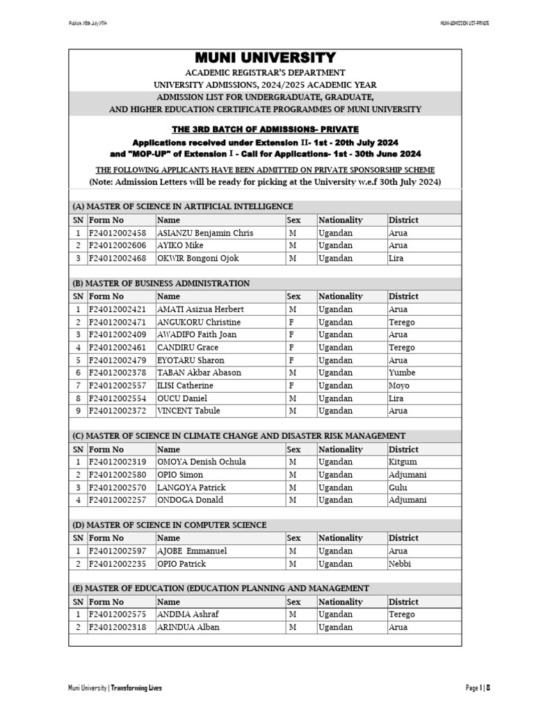 Muni University 3rd Batch Admission List | PDF | Qualifications ...