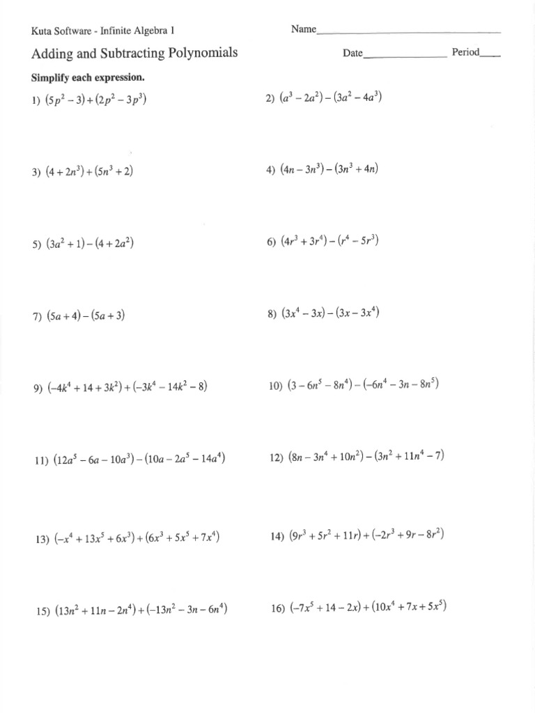 Adding and Subtracting Polynomials Worksheet | PDF | Mathematics | Algebra