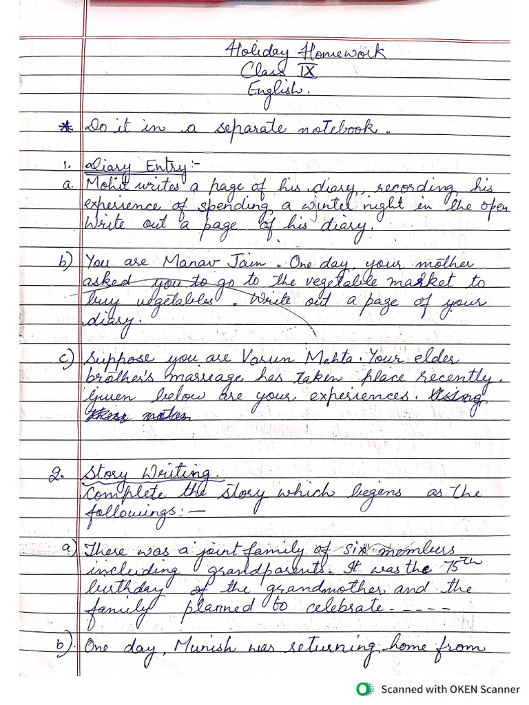 English Holiday Homework Class 9 | PDF
