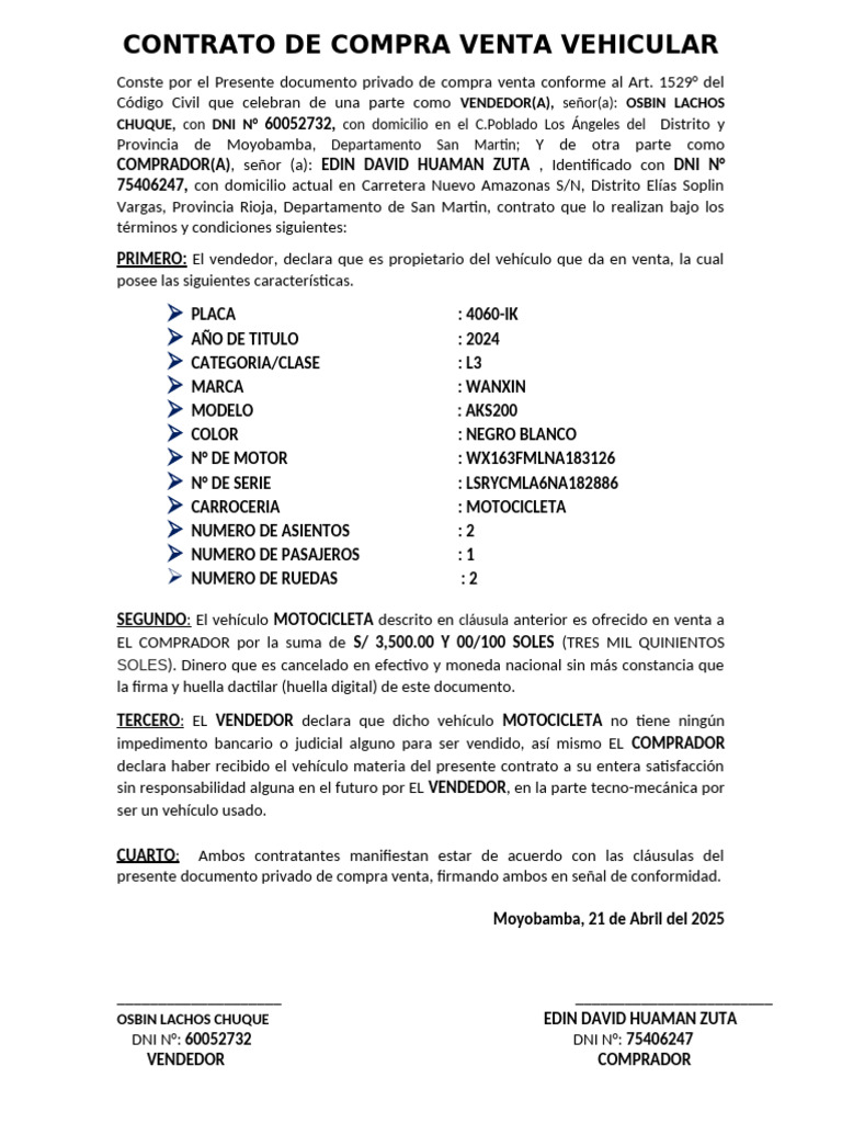 Contrato de Compra Venta de Motocicleta | PDF