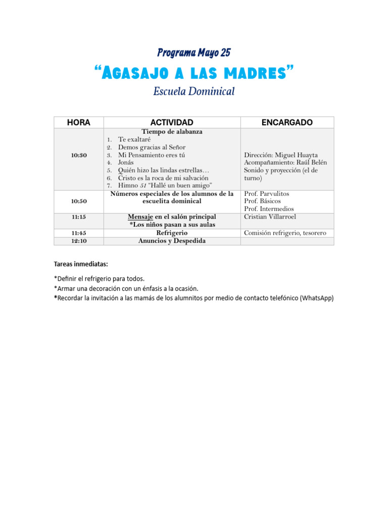 Programa Escuela Dominical Mayo 25 | PDF