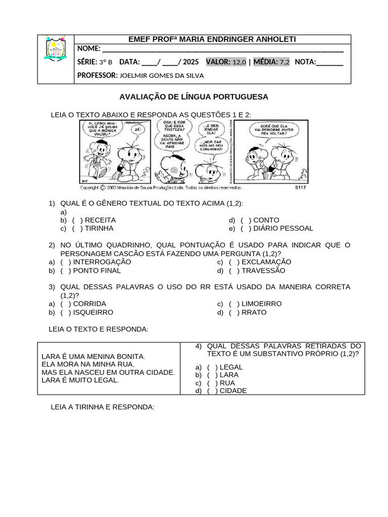 Prova Portugues 3º Ano | PDF