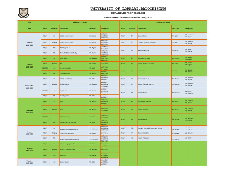 Mid-Term Exam Schedule Spring 2025 | PDF | Linguistics | Human ...