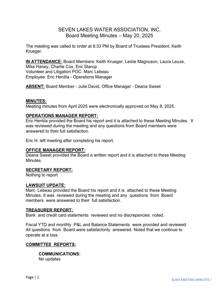 SLWA Board Meeting Minutes - May 2025 | PDF | Lawsuit | Justice