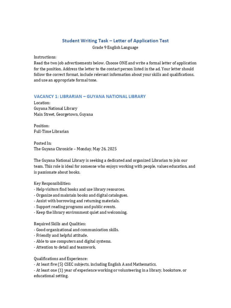 Letter of Application Test Grade9 | PDF | Libraries | Human Communication