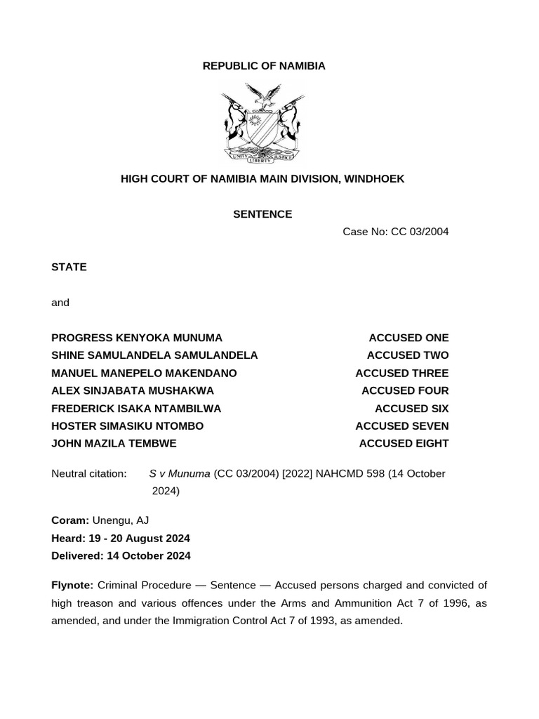 High Treason Sentencing in Namibia Case CC 03/2004 | PDF | Sentence ...