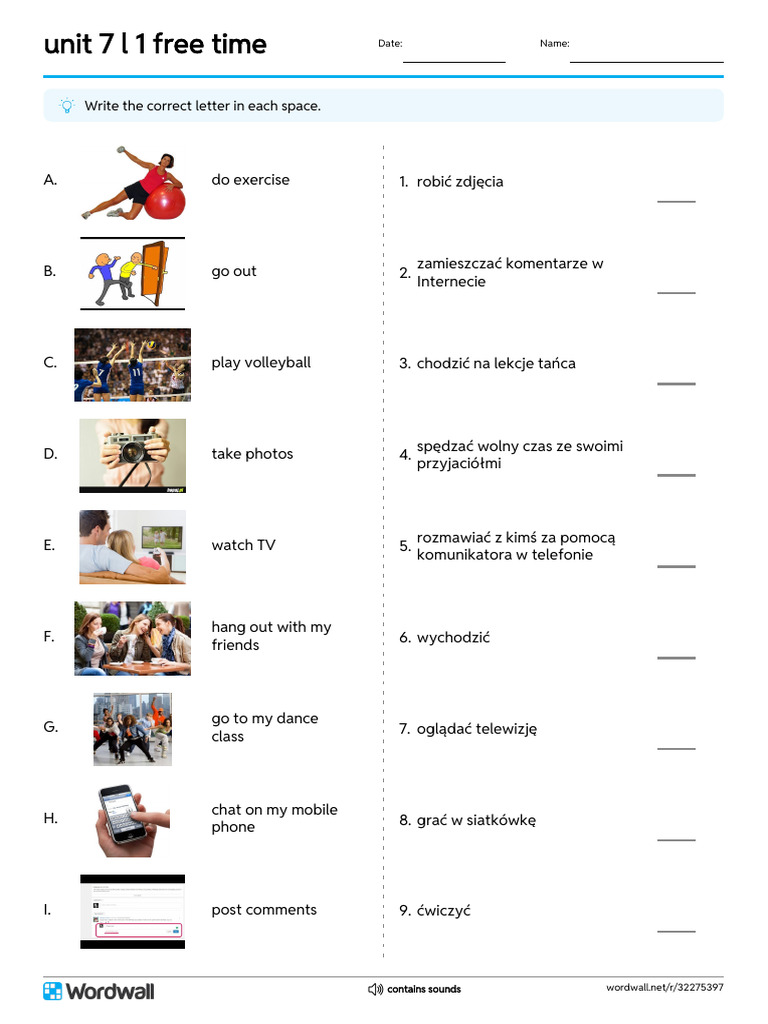 Unit 7 L 1 Free Time Match Up Write The Answer | PDF