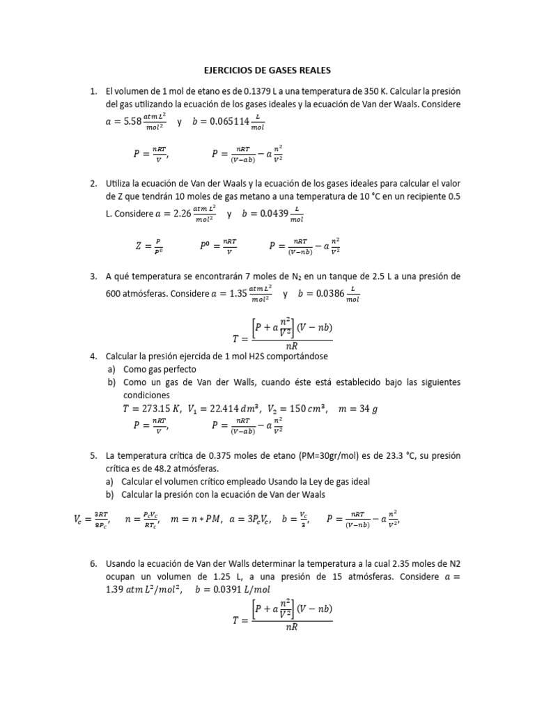 Ejercicios de Gases Reales y Ideales | PDF | Gases | Materiales ...