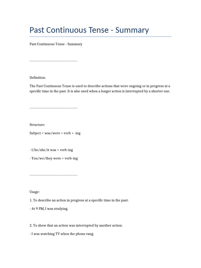 Past Continuous Tense Overview | PDF