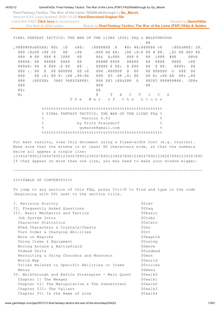 GameFAQs - Final Fantasy Tactics - The War of The Lions (PSP) FAQ ...