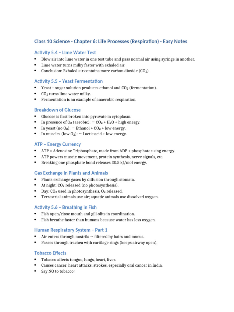 Class 10 Science Respiration Notes | PDF