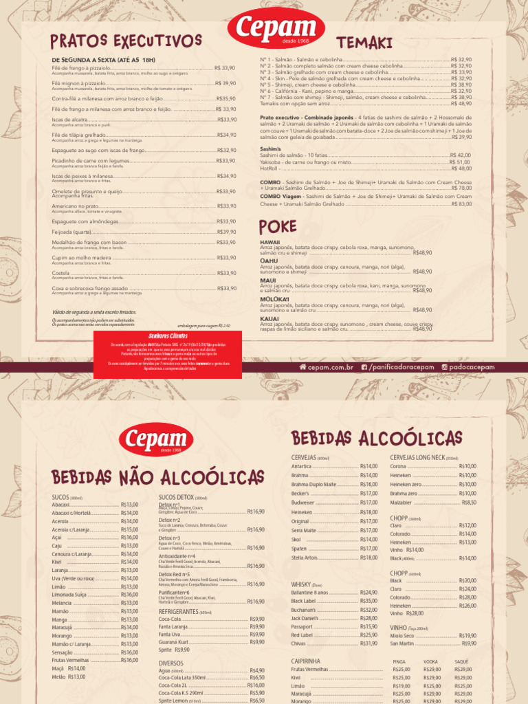 Cardápio da Padaria Cepam | PDF | Alimentos | Ingredientes de alimentos