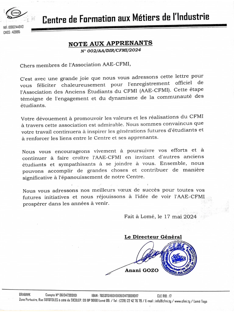 Mots de Félicitations de La Direction Du CFMI | PDF