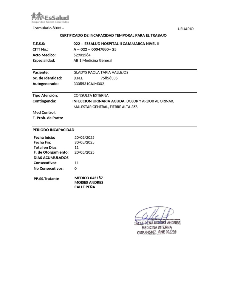 Certificado de Incapacidad 8003 ESSALUD | PDF | Ciencias de la Salud ...