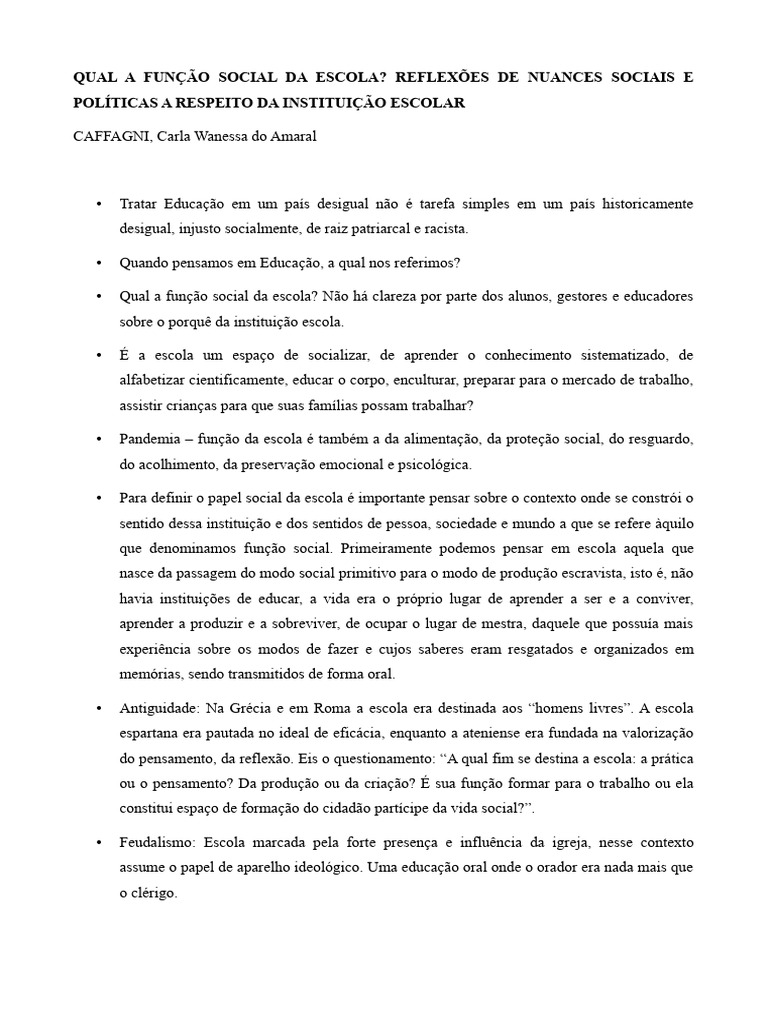 Função Social da Escola na Sociedade | PDF | Escolas | Sociologia