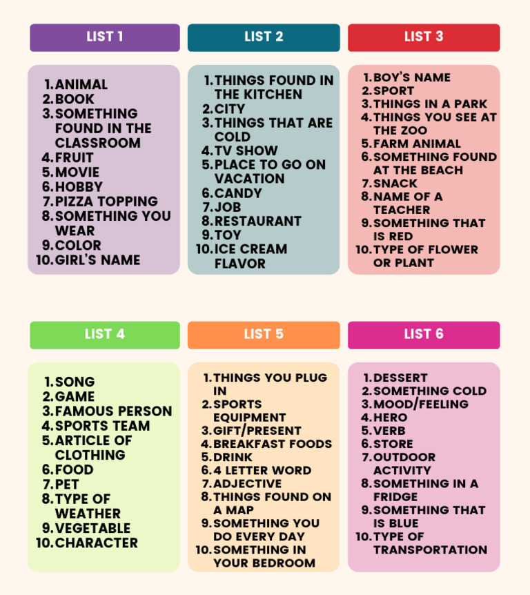 Scattergories Game Topic Lists | PDF