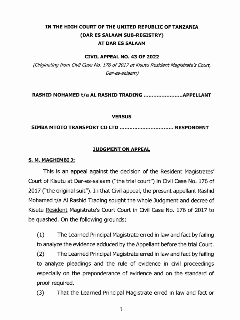 Rashid Mohamed Ta Al Rashid Trading Vs Simba Mtoto Transport Co LTD ...