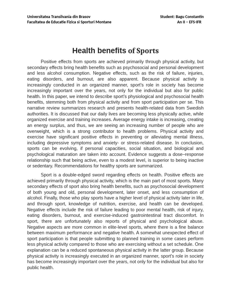 Health Benefits and Risks of Sports | PDF | Strength Training | Aerobic ...