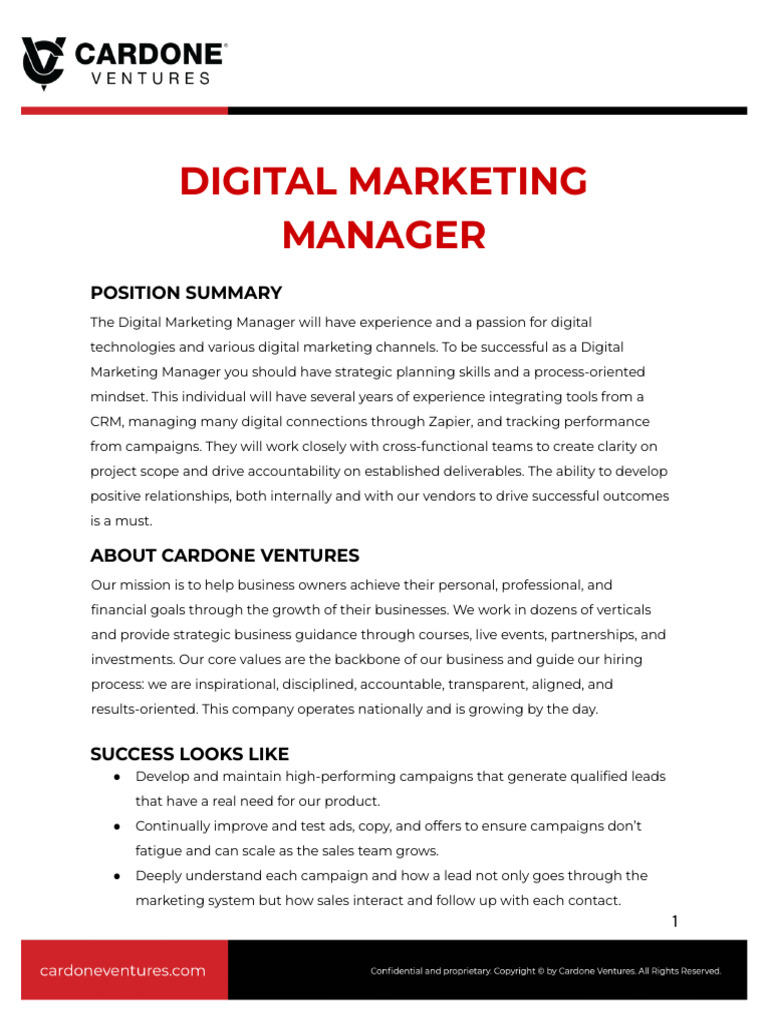 Digital Marketing Manager Job Description | PDF | Digital Marketing ...