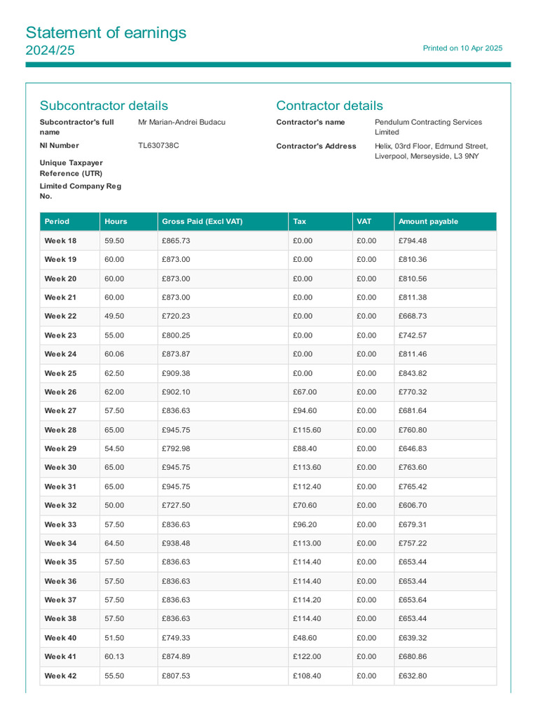 Subcontractor Earnings Statement 2024/25 | PDF | Taxes | Government ...