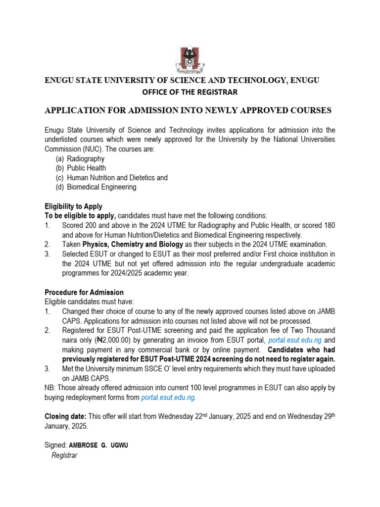 ESUT Admission for New Courses 2025 | PDF