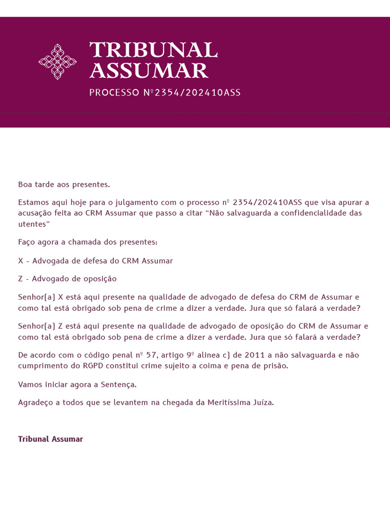 Julgamento do CRM Assumar: Processo 2354/2024 | PDF