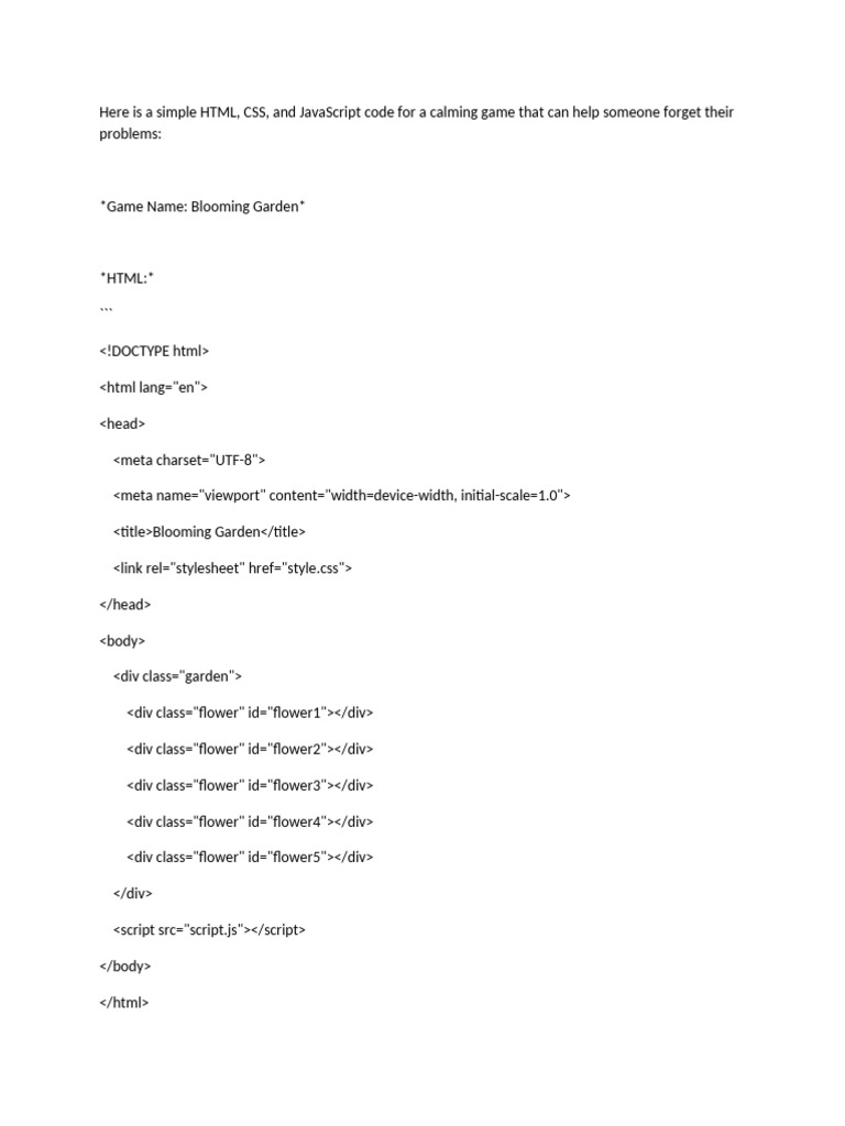 Blooming Garden Game Code Example | PDF