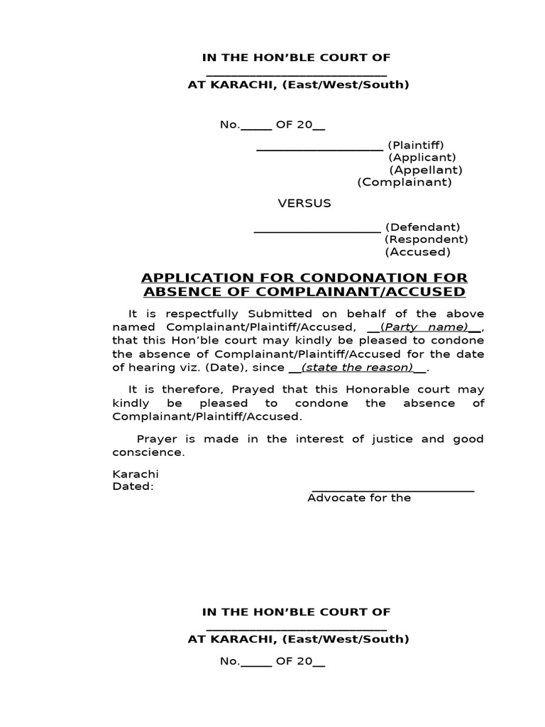 Condonation Application for Absence | PDF | Affidavit | Plaintiff