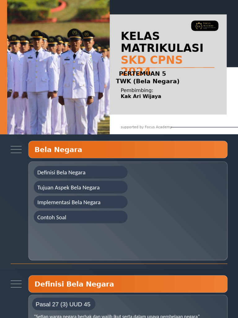 Kelas Matrikulasi SKD CPNS 2024: Bela Negara | PDF