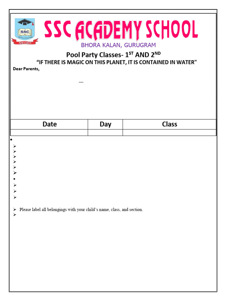2nd Grade Pool Party Notice | PDF