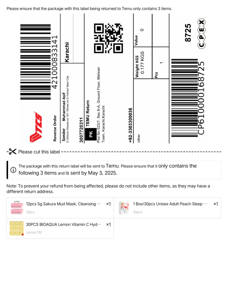 Temu Return Instructions for 3 Items | PDF