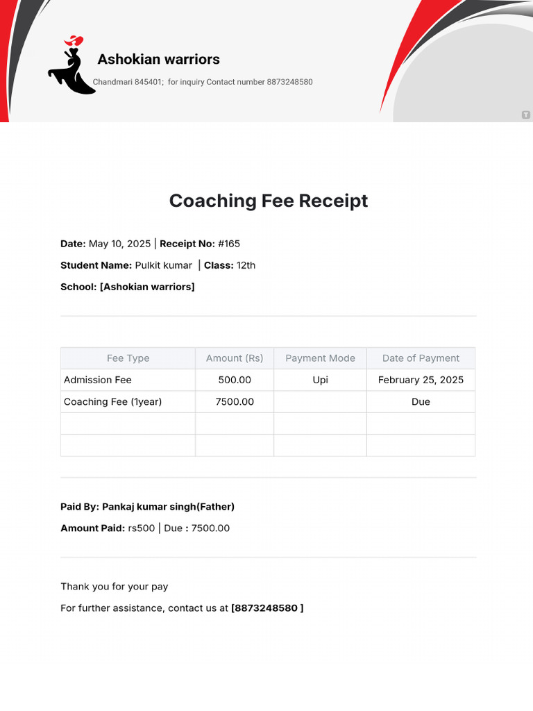 School Fee Receipt Template | PDF