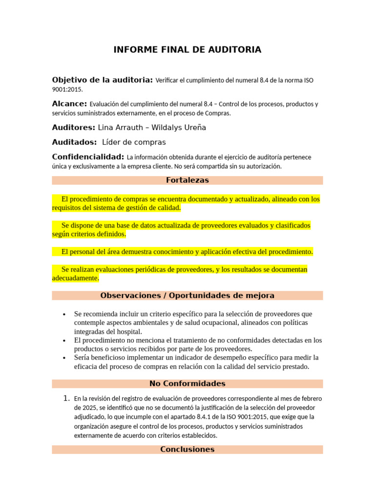Informe de Auditoria | PDF | Auditoría | Calidad (comercial)