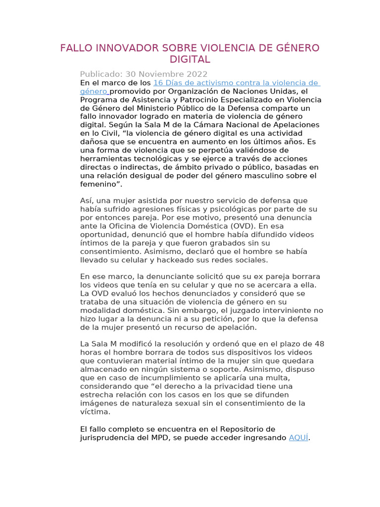 Fallo Innovador Sobre Violencia de Género Digital | PDF
