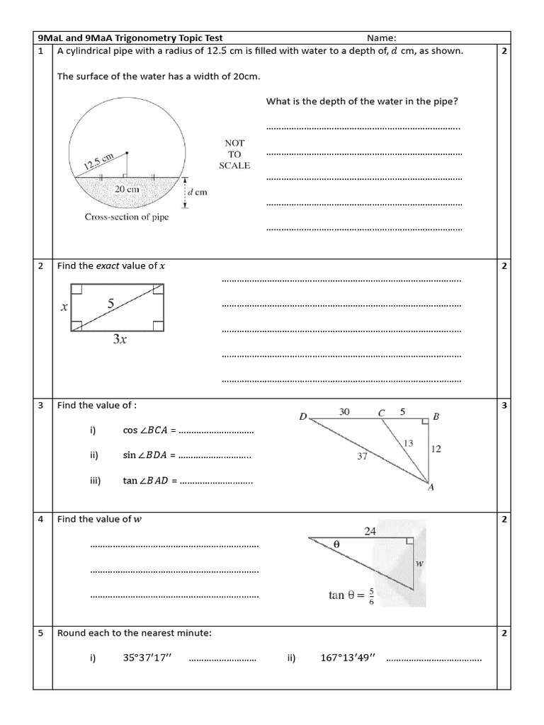 9MaL and 9MaA Trigonometry Topic Test | PDF