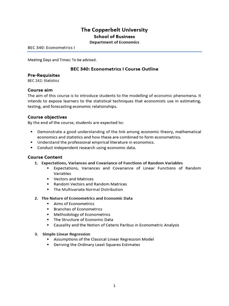 Econometrics I Course Outline | PDF | Ordinary Least Squares ...