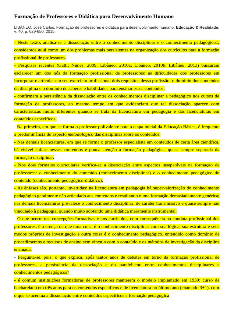 Didática e Formação de Professores | PDF | Pedagogia | Aprendizado