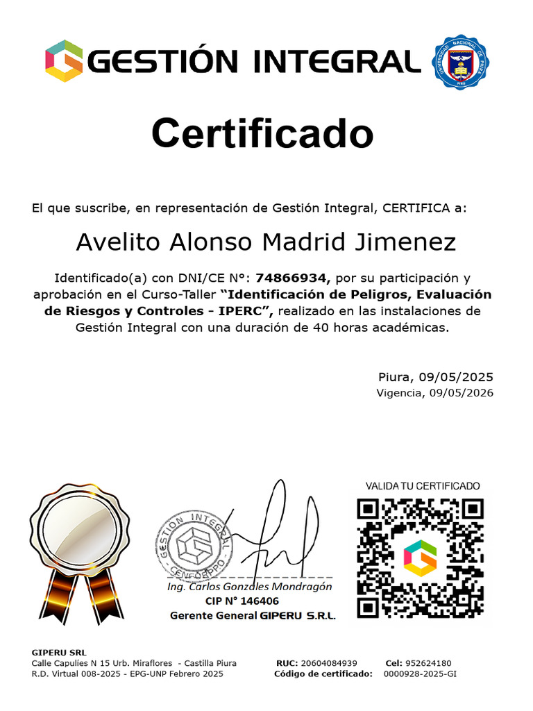 Certificado Curso IPERC - Avelito Alonso | PDF