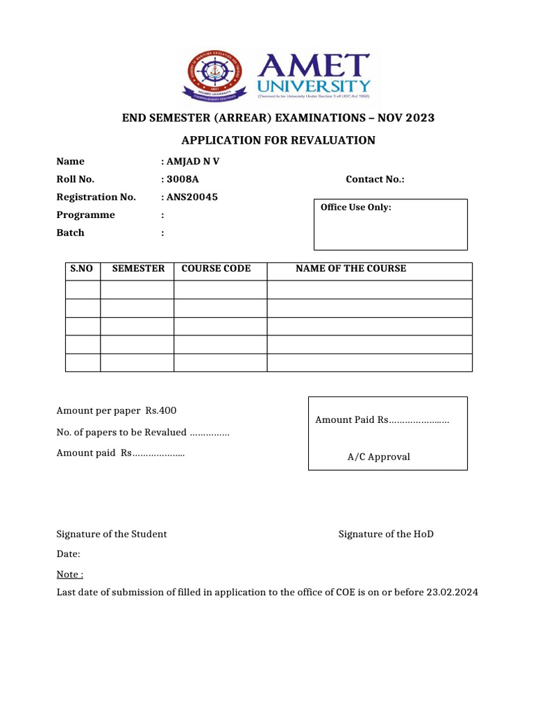 Nov 2023 Exam Revaluation Application | PDF