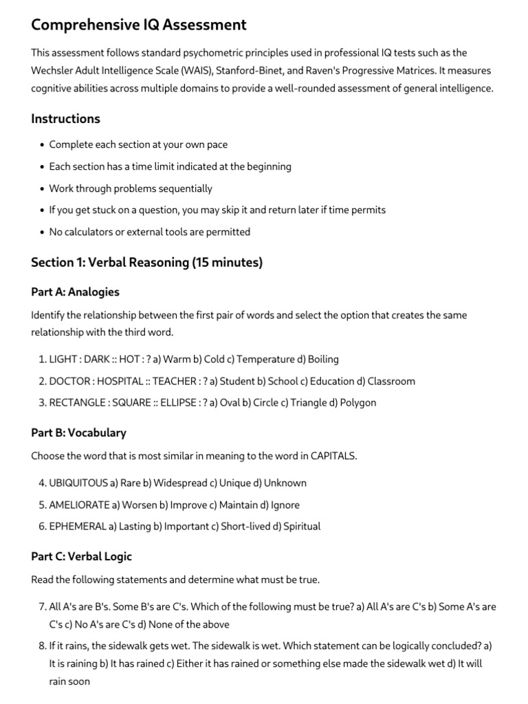Comprehensive IQ Test Assessment | PDF | Intelligence Quotient ...