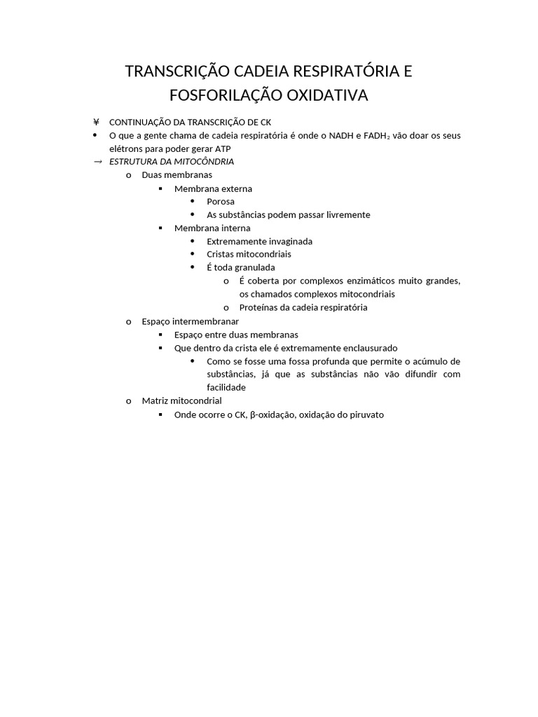 Cadeia Respiratória e Fosforilação Oxidativa | PDF | Mitocôndria ...