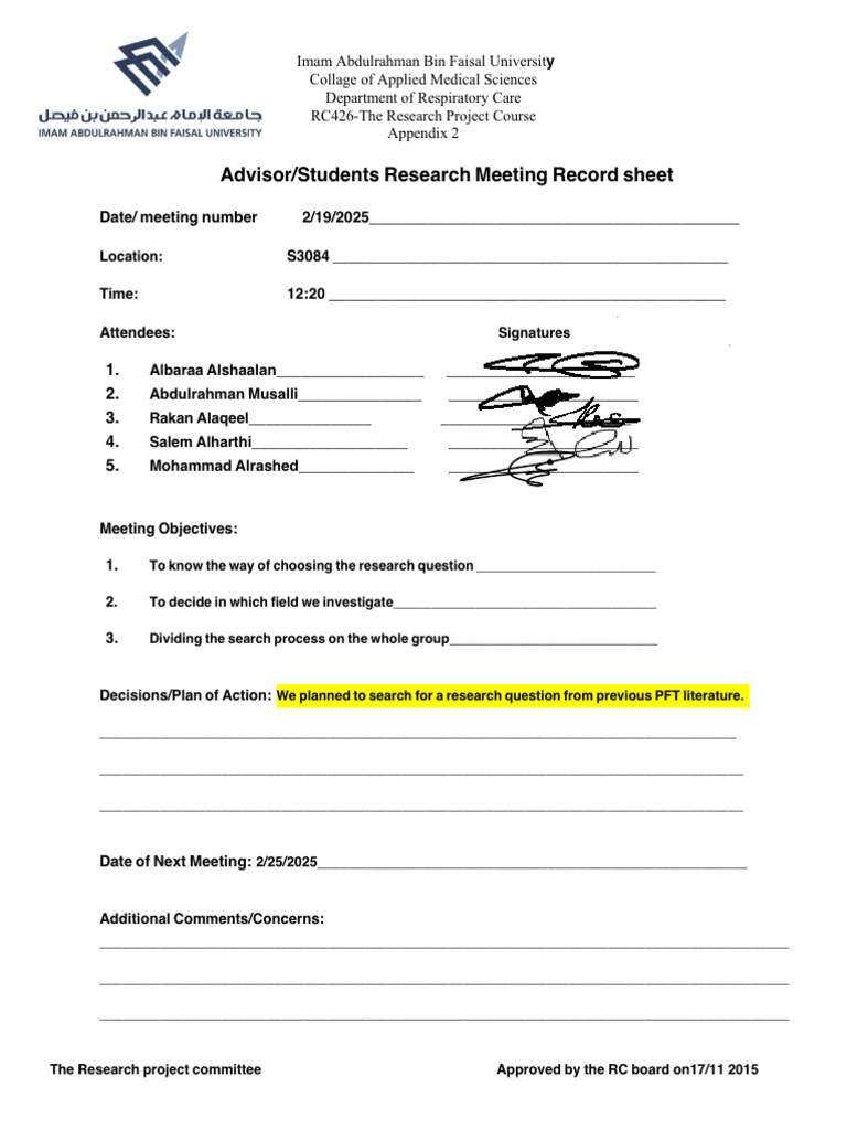 Appendix 2 RPC Advisor Students Research Meeting Record Sheet Edited 2 ...