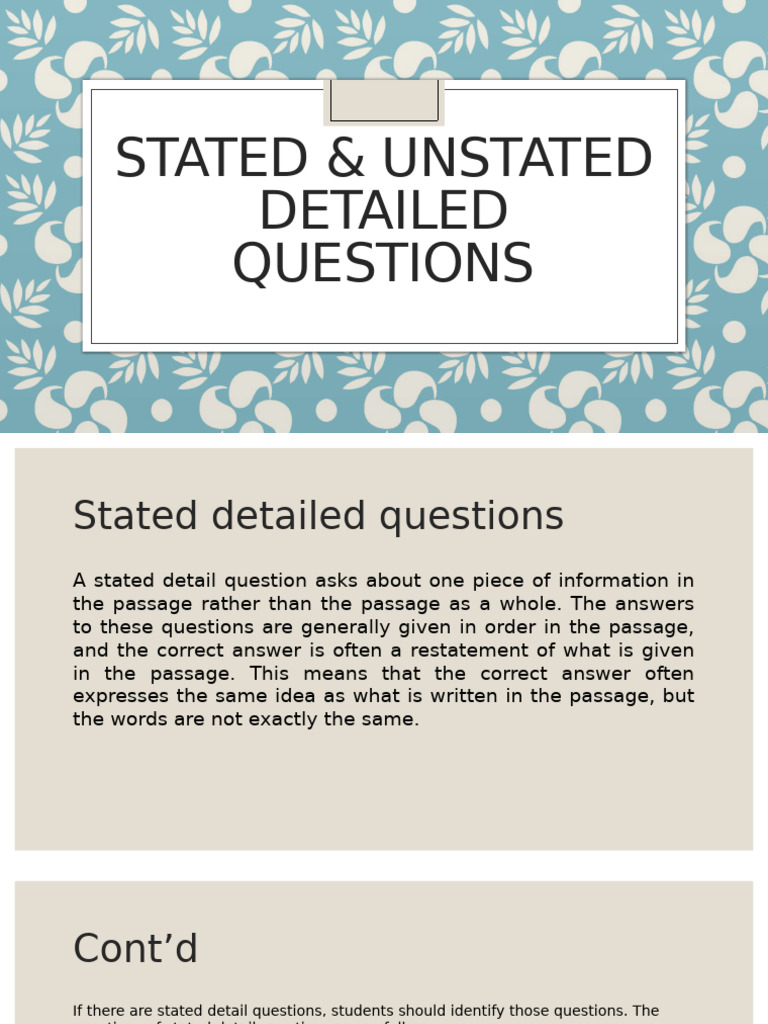 Stated vs. Unstated Detail Questions | PDF | Question