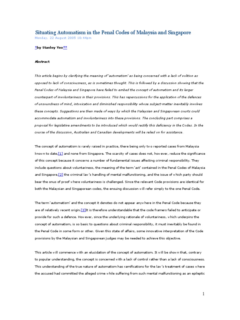 Automatism in Malaysia's Penal Code | PDF | Insanity Defense | Crime ...
