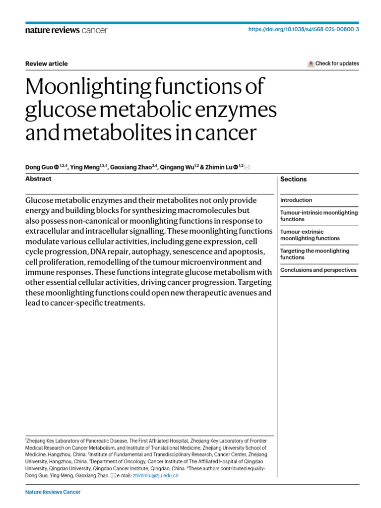 Moonlighting Functions of Glucose Enzymes in Cancer | PDF | Glycolysis ...